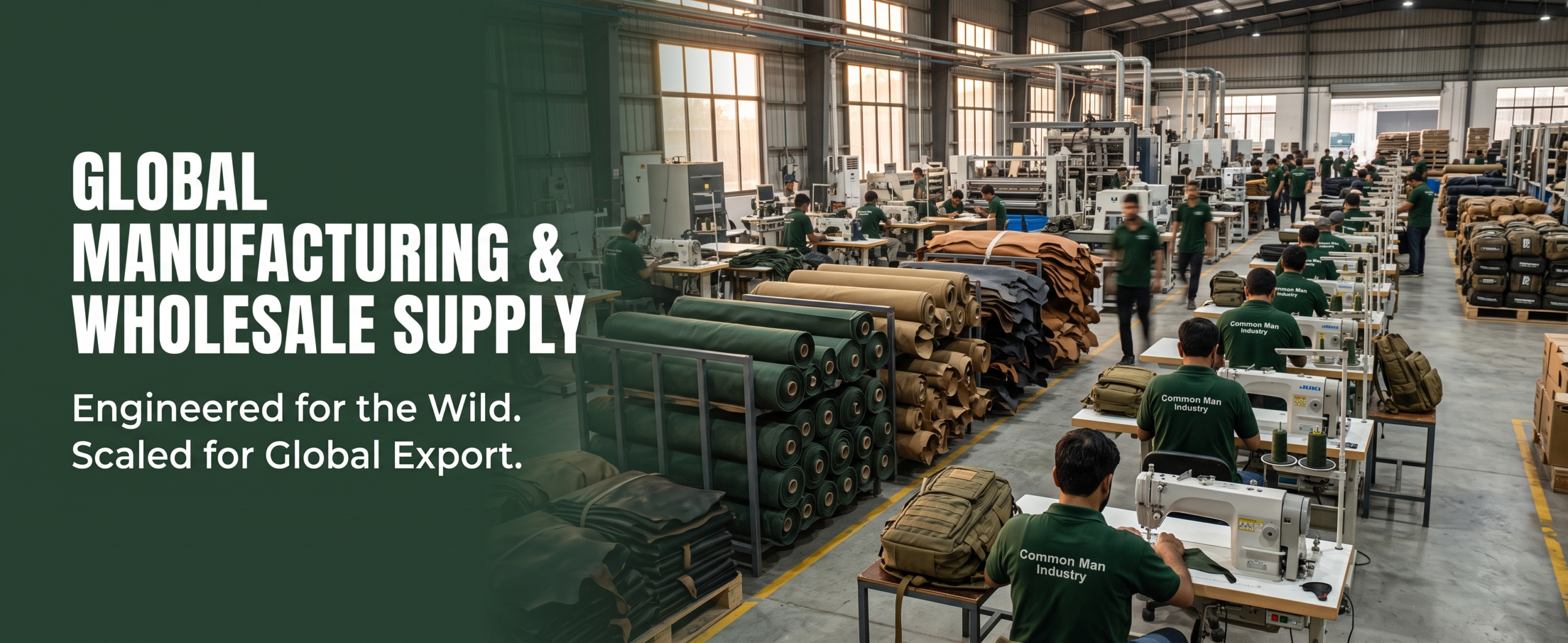 Common Man Industry large-scale B2B manufacturing and export facility for rugged outdoor gear and tactical supplies